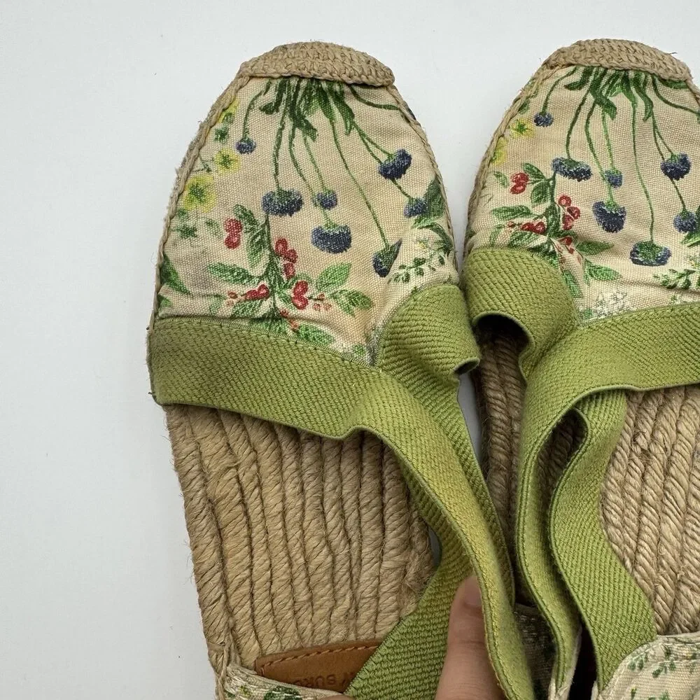 Tory Burch Catalina Floral Botanical Espadrilles Canvas Elastic Sz 8 1/2 Flaws